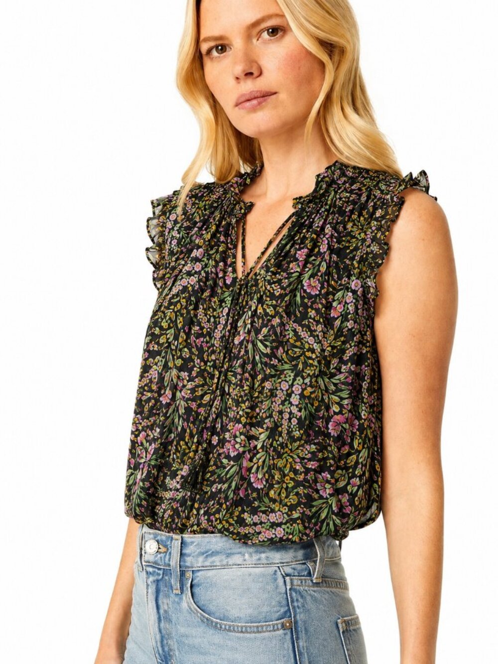 Misa Los Angeles AGOT Ditsy Floral Black Ruffle Tie Neck Blouse Top SZ Large